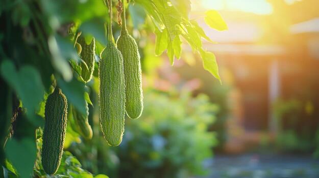 Fresh cucumbers hanging from a vine in sunlight photo