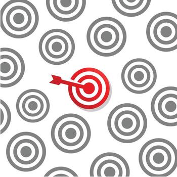 rojo dardo golpear el centrar de un rojo objetivo rodeado por gris objetivos, simbolizando enfocar, precisión, y en pie fuera en un concurrido campo. vector
