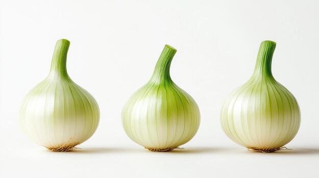 Three small onions in a row against white photo