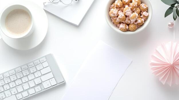 Minimalist workspace with coffee, snacks, and paper photo