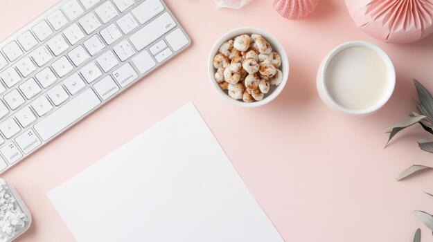 Pastel workspace with snacks and accessories photo