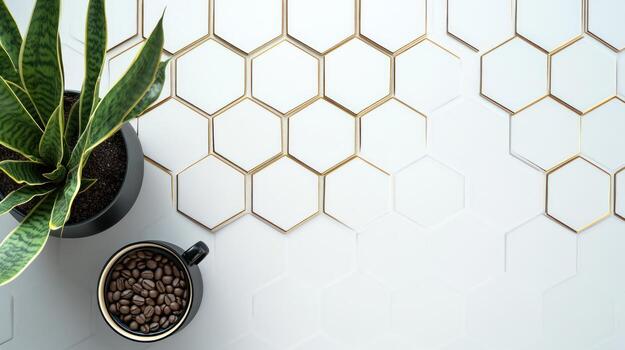 Top-down view of a plant and coffee beans on a honeycomb tile surface photo