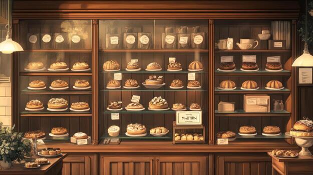 Vintage bakery display case filled with pastries photo