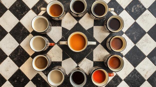 Coffee cups arranged in a circle on a checkered table photo