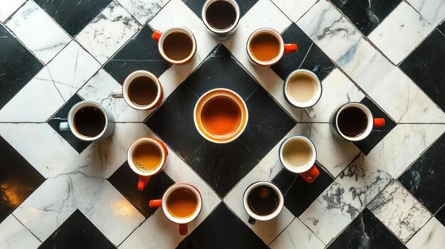 Coffee cups arranged in a circle on a checkered floor photo
