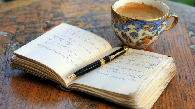 Open notebook with pen and coffee cup on a weathered wooden table photo
