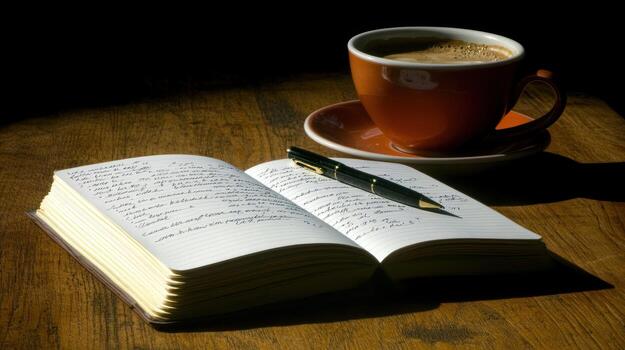 Open notebook with pen and coffee cup on a wooden table photo