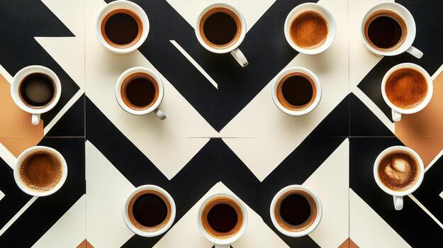 Coffee cups arranged on a patterned surface photo