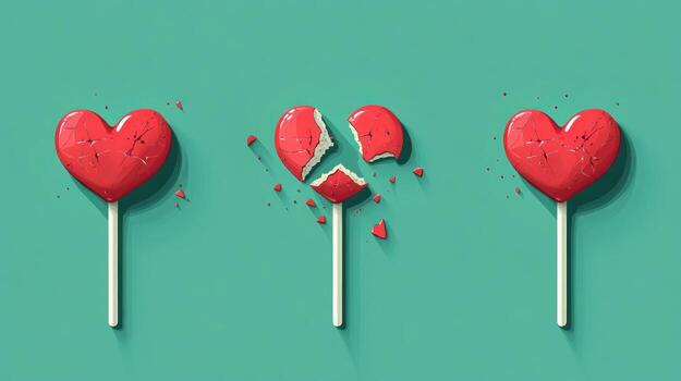 Three heart-shaped lollipops, one whole, one broken in half, and one mostly broken, on teal background photo
