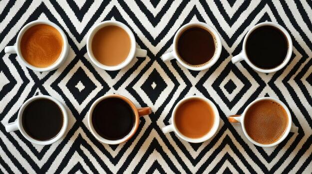 Coffee cups arranged on a patterned tablecloth photo