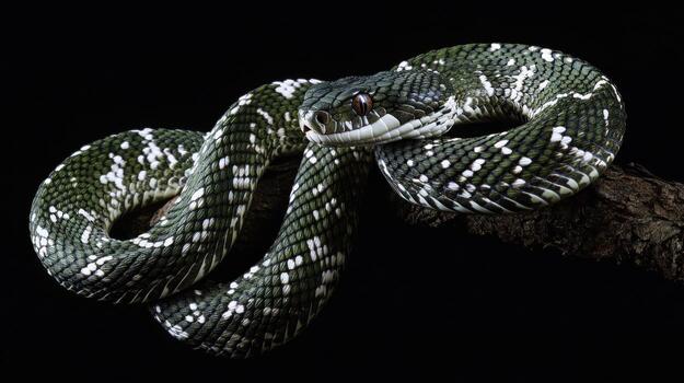 Green and white patterned snake coiled on a branch photo