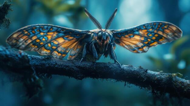 A moth with vibrant wings in a mystical forest setting photo