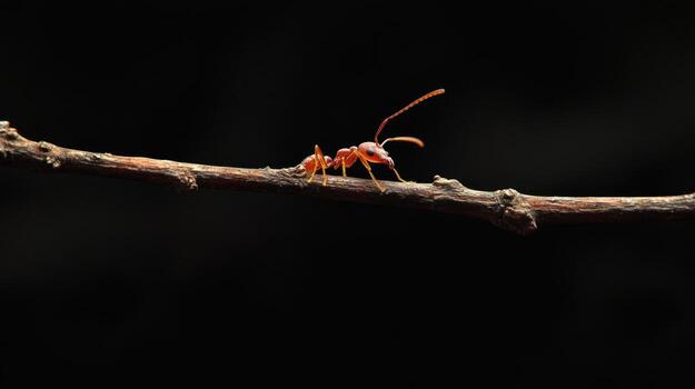 Red ant on a twig, close-up photo