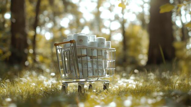 Miniature shopping cart filled with small cups in a forest photo