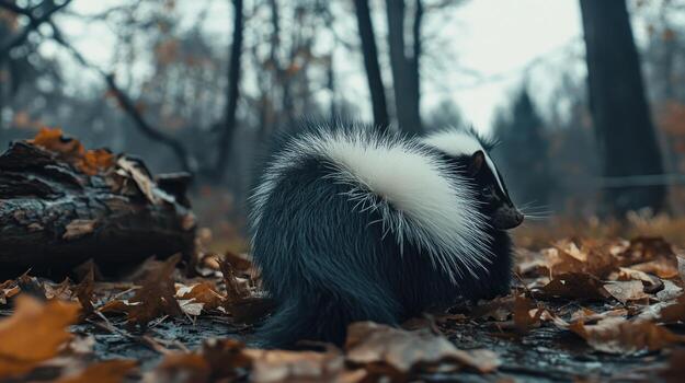 A skunk sits in a forest floor, surrounded by autumn leaves photo