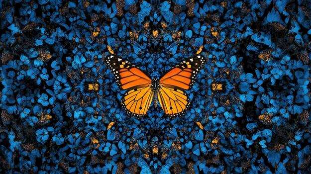 Symmetrical butterfly amidst a patterned floral background photo