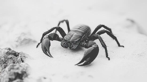 Close-up grayscale scorpion on sandy terrain photo