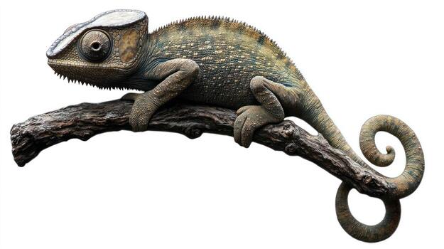 Chameleon perched on a branch against a white background photo