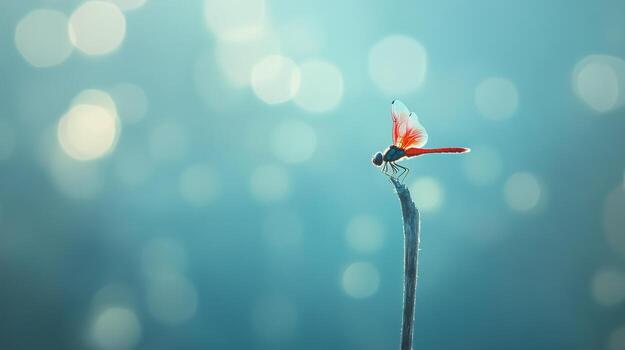 Dragonfly perched on a branch, soft-focus bokeh photo