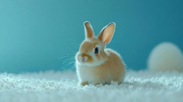 Cute baby rabbit on soft white carpet photo