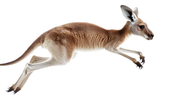Kangaroo joey in mid-leap against white background photo