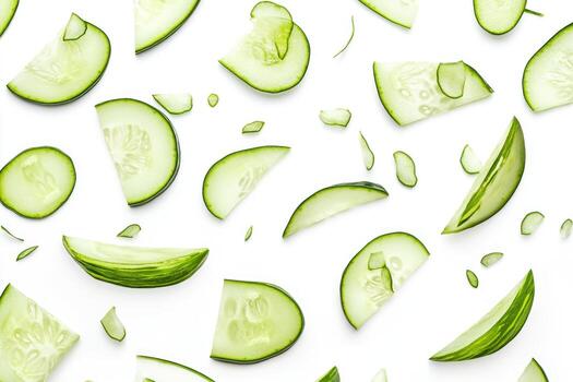 Sliced cucumber pattern on white background photo