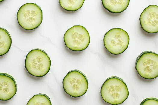 Fresh cucumber slices arranged on white marble photo