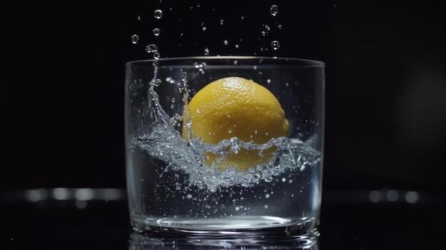 A lemon plunging into water, creating a splash photo