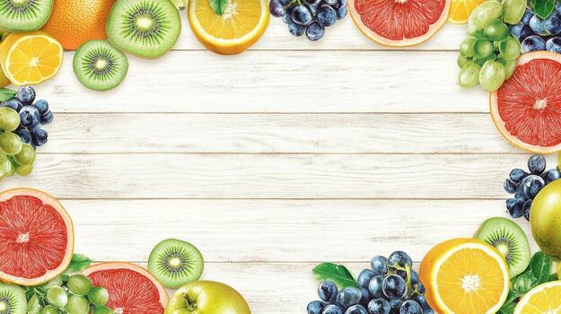 Fresh fruit slices arranged on a white wooden background photo
