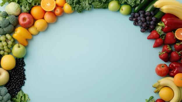 Colorful array of fresh produce framing a light teal background photo