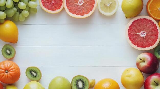 Colorful fruit arranged in a frame on a white wooden table photo