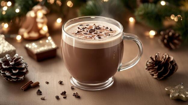 A warm, comforting mug of hot chocolate, garnished with cocoa nibs and spices, amidst holiday decorations photo