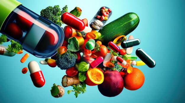 vistoso formación de pastillas, frutas, y vegetales foto