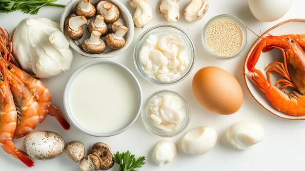 Fresh ingredients arranged on a white surface photo
