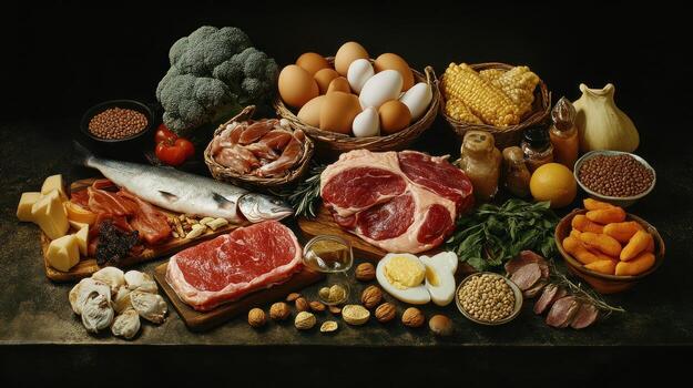 Assorted food items displayed on a rustic table photo