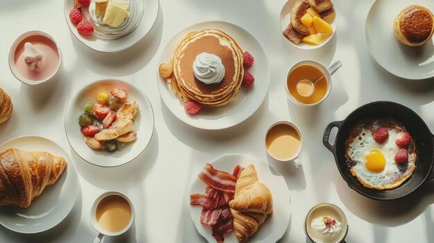 Breakfast spread on white table photo