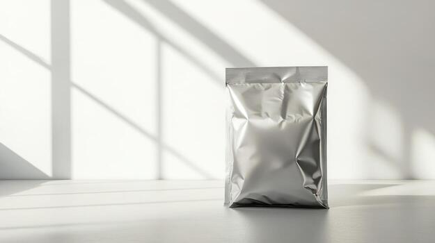 Silver foil packet on white surface with shadows photo