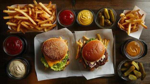 Overhead view of two burgers and fries with condiments photo