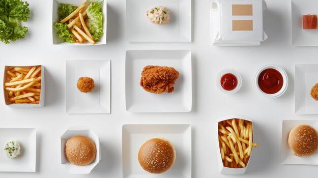 Overhead view of various food items in white containers photo