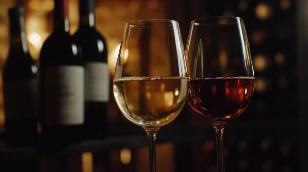 dos vino lentes lleno con blanco y rojo vino, en frente de vino botellas foto