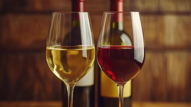 dos vino anteojos, uno con blanco vino, el otro con rojo, en frente de botellas foto