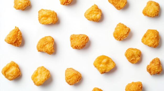 Crispy golden nuggets arranged on a white surface photo