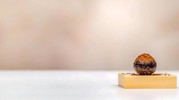 Chocolate truffle placed on a wooden block, with a soft blurred background highlighting its texture photo