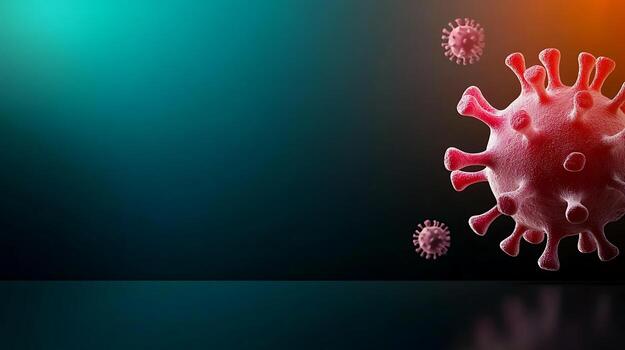 Close-up view of a virus structure with floating particles against a colorful gradient background photo