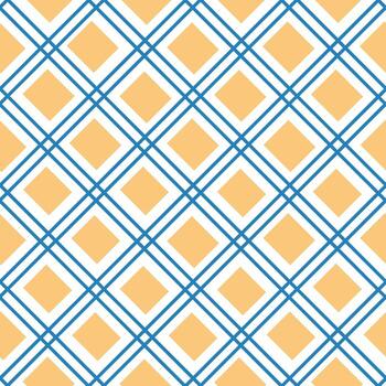 Seamless geometric pattern with yellow diamond shapes and blue intersecting lines on white background. Concept of modern design, symmetry and abstract decorative structure vector
