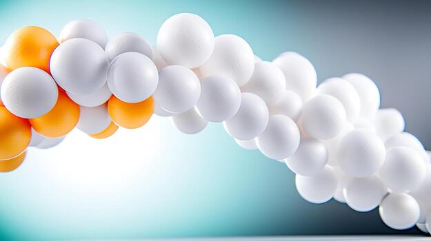 Abstract arrangement of white and orange spheres creating a dynamic arch against a soft gradient background photo
