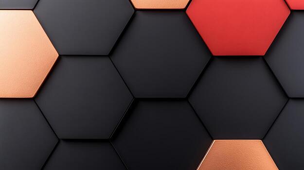 Abstract geometric pattern featuring hexagonal tiles in black, copper, and red, creating a modern design photo
