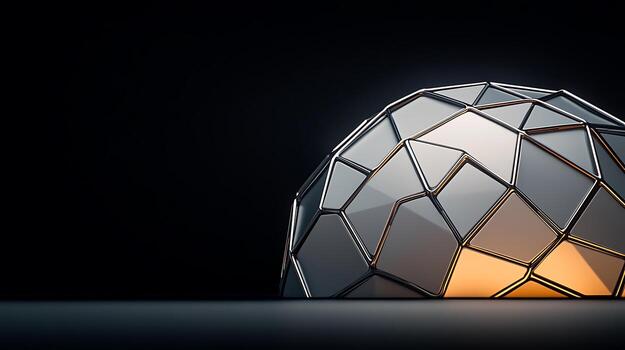 Abstract geometric structure illuminated in a dark space, showcasing intricate patterns and reflections photo