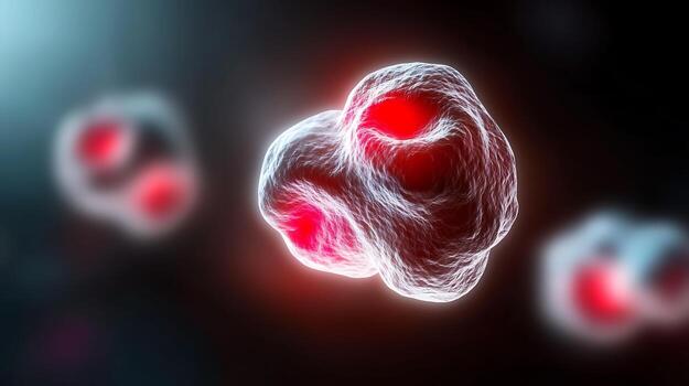 Abstract representation of cellular structures with glowing red highlights in a dark background photo