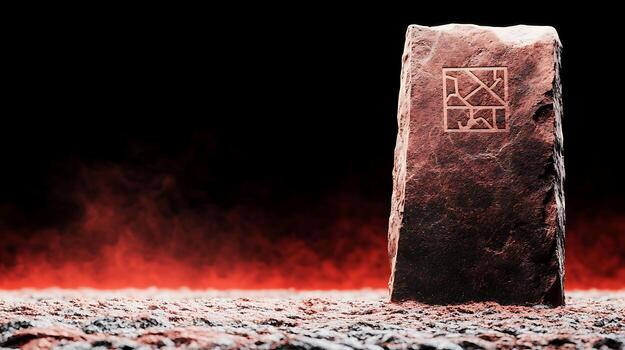 Ancient stone monolith with intricate carvings surrounded by a fiery red mist in a dark setting photo